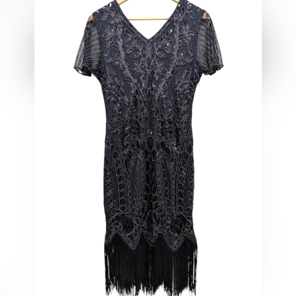 Black Beaded Sequined Halloween Flapper Dress with Fringe Size Medium - Picture 3 of 12